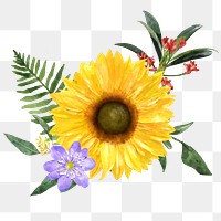 Watercolor sunflower png, spring flower arrangement, transparent background