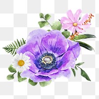 PNG purple anemone flower, watercolor spring collage element, transparent background