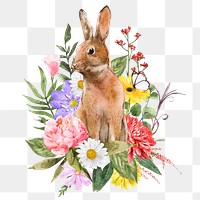 PNG Easter rabbit with flowers, watercolor collage element, transparent background