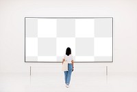 Woman looking at a frame mockup in an exhibition transparent png