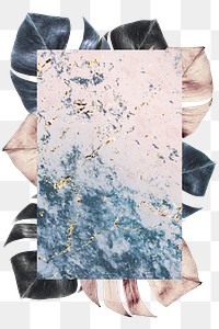 Monstera leaf with pink and blue marble textured background design element