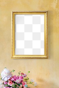 Golden frame mockup on a yellow wall by the flowers