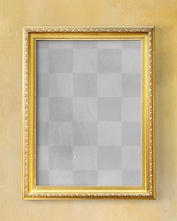 Classic gold picture frame png mockup on yellow wall