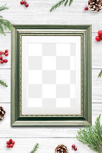 Green Christmas picture frame mockup on a wooden background 