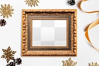 Copper Christmas picture frame mockup surrounded by gold snowflakes