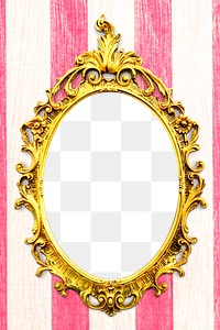 Golden oval baroque frame on a pink striped background