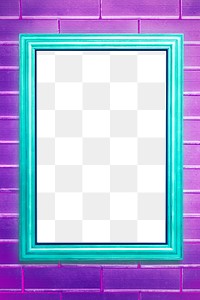 Turquoise picture frame mockup on a purple brick wall 