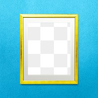 Shiny yellow picture frame mockup hanging on a blue wall 