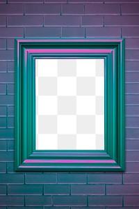 Purple picture frame mockup on a brick wall 