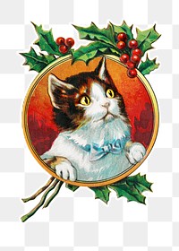 Cat in a gold frame Christmas sticker transparent png