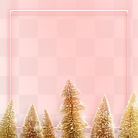Pink neon frame with gold Christmas trees background transparent png