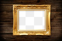 Vintage gold photo frame mockup on a wooden background  