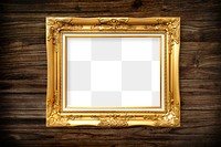 Vintage gold photo frame mockup on a wooden background  