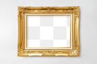 Vintage golden picture frame mockup on a gray wall 