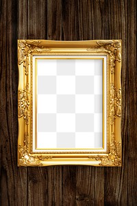 Vintage golden picture frame mockup on a wooden background 