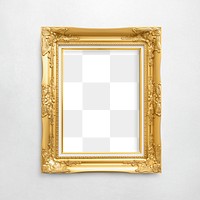 Vintage golden picture frame mockup on a gray wall 