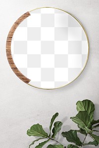 Gold framed mirror decorated with wood pattern with fiddle-leaf fig leaves transparent png