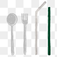 Plastic utensils and straws sticker element set transparent png