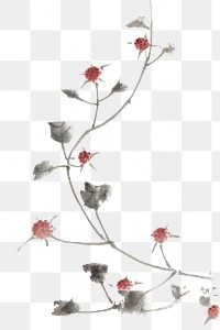 Red blossoms vintage illustration transparent png, remix of original painting by Hokusai.