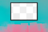 Black picture frame mockup hanging on a turquoise wall