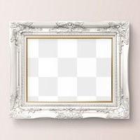 Luxurious white baroque pictured frame mockup hanging on a beige wall
