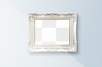 Luxurious white baroque picture frame mockup hanging on a light blue wall