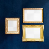 Luxurious baroque frame mockups hanging on a dark blue wall