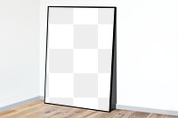 Black picture frame mockup on a wooden floor