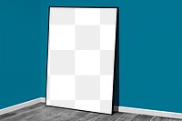 Black picture frame mockup leaning against a blue wall