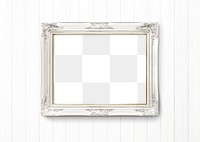 White baroque picture frame hanging on a white wall