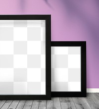 Black picture frame mockups against a purple wall
