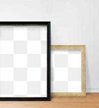 Black and brown picture frame mockups on a wooden floor