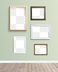 White and wooden picture frame mockups hanging on a light green wall