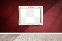 Luxurious white baroque picture frame mockup hanging on a red wall