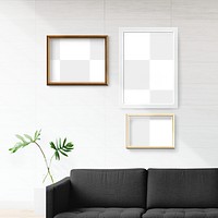 Three blank picture frames mockup in an off white living room