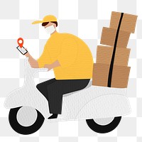Delivery boy on a scooter with parcel boxes checking customer&#39;s location on his phone 