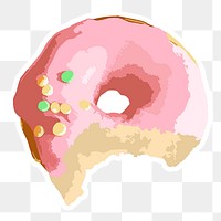 Vectorized bitten pink glazed donut sticker with white border design element