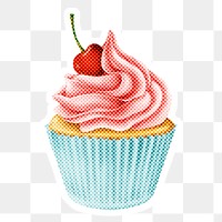 Halftone cherry cupcake sticker overlay with white border