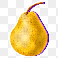 Halftone fresh pear with neon outline sticker overlay with white border