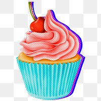 Halftone cherry cupcake with neon outline sticker overlay