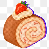 Halftone strawberry shortcake roll with neon outline sticker overlay