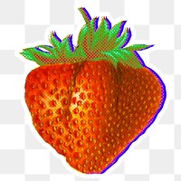 Halftone fresh strawberry with neon outline sticker overlay with white border