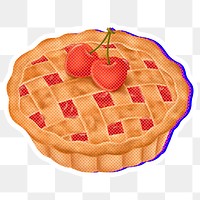 Halftone cherry pie with neon outline sticker overlay with white border