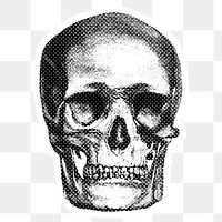 Hand drawn skull halftone style sticker overlay with a white border
