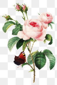 Hand drawn english rose halftone style sticker overlay
