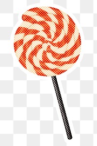 Hand drawn swirl lollipop halftone style sticker overlay with a white border