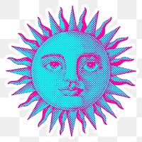 Hand drawn funky sun with a face halftone style sticker overlay with a white border