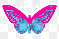 Hand drawn funky butterfly halftone style sticker overlay with a white border