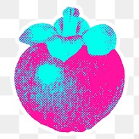 Hand drawn funky mangosteen halftone style sticker overlay with a white border