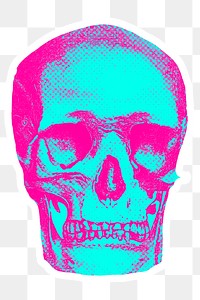 Hand drawn funky skull halftone style sticker overlay with a white border